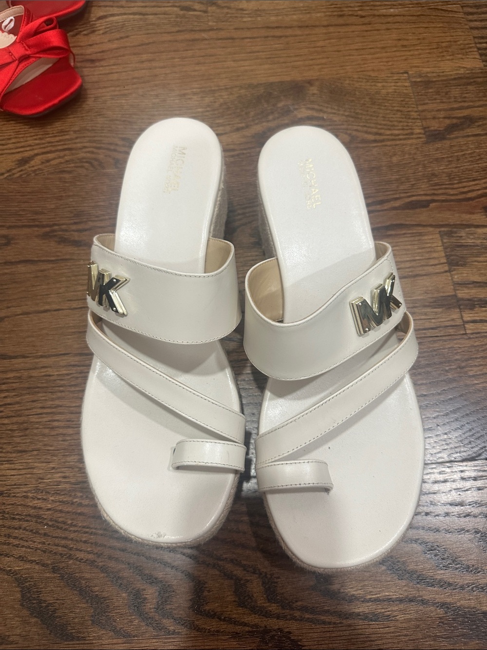 Michael Kors Off-White Leather Slide Sandals with Gold MK Emblem